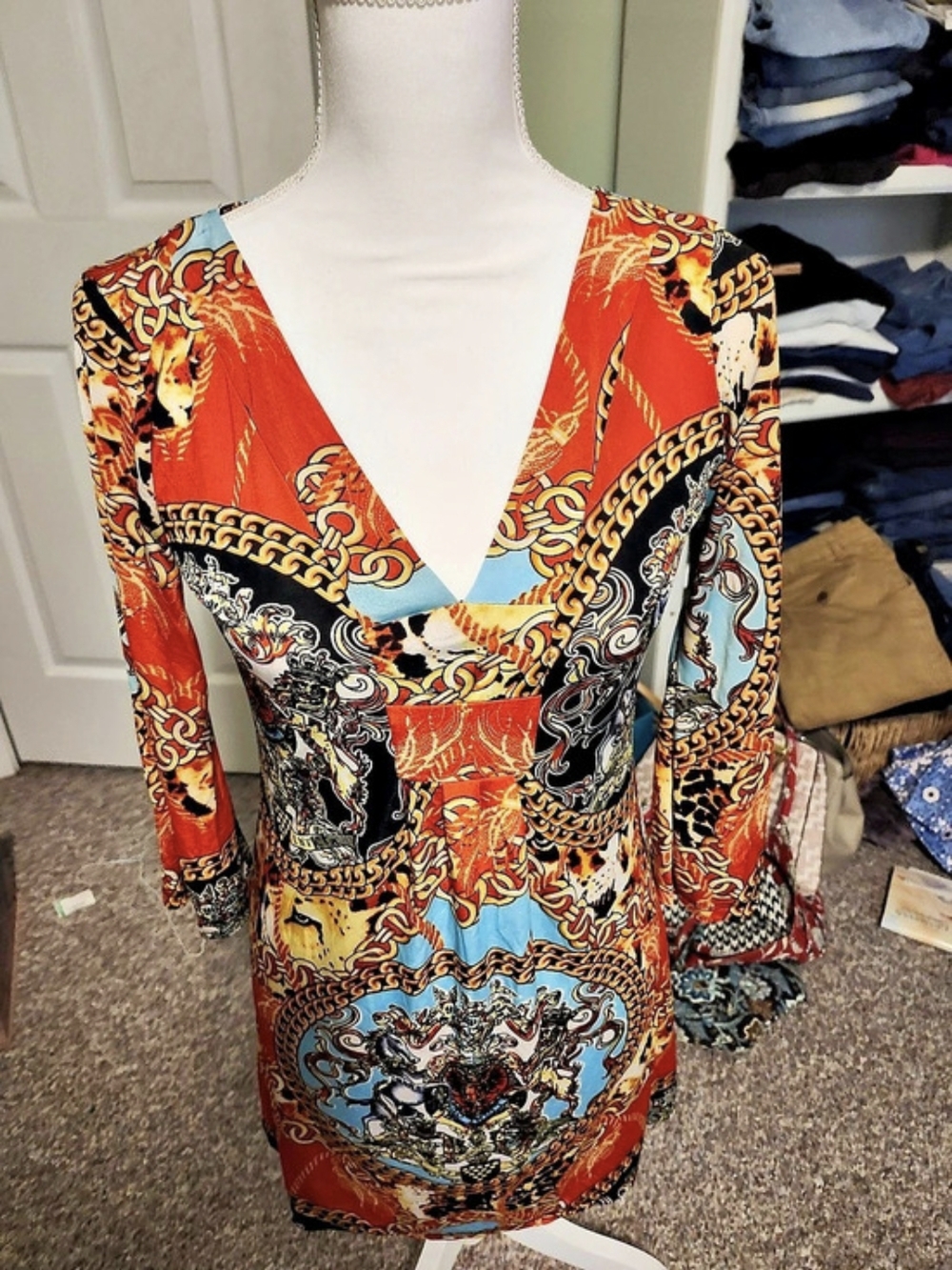 Printed Long Sleeve Mini Dress in Orange & Blue